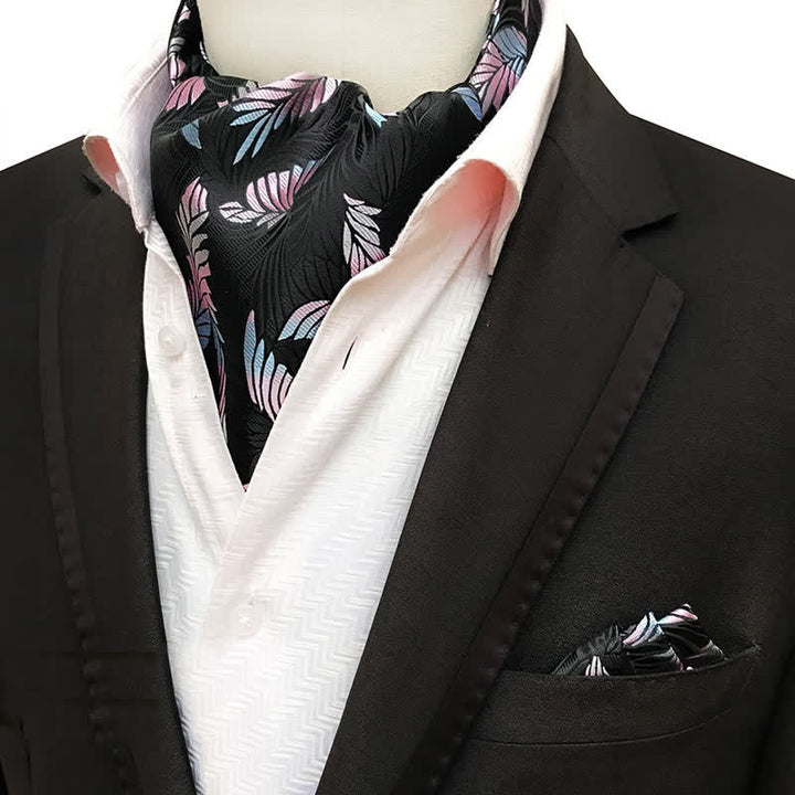 Set da 2 pezzi di fazzoletto da taschino nero e cravatta con foglie rosa