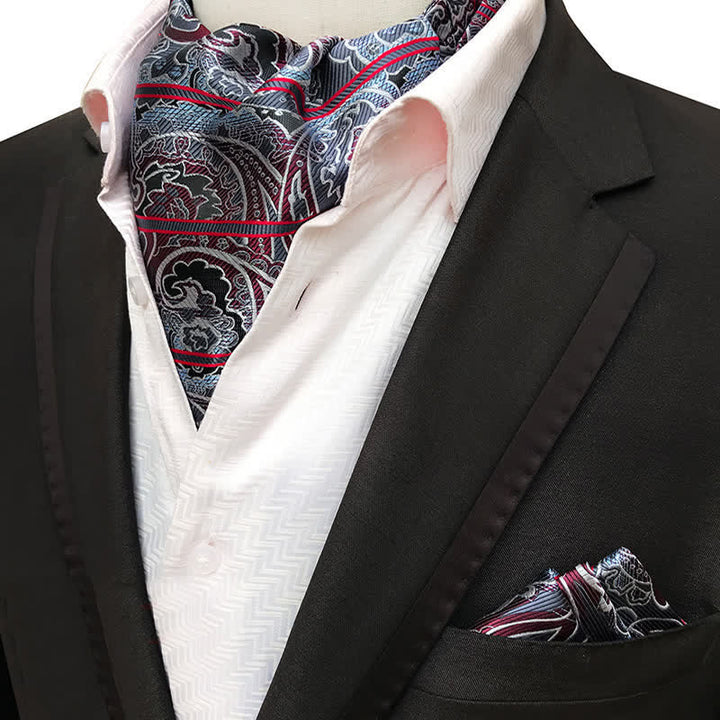 Set da 2 pezzi di fazzoletto da taschino e cravatta a righe rosse e grigie Paisley