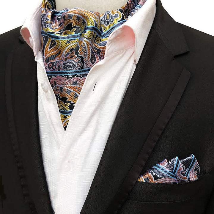 Set da 2 pezzi con fazzoletto da taschino e cravatta a righe nere e paisley oro