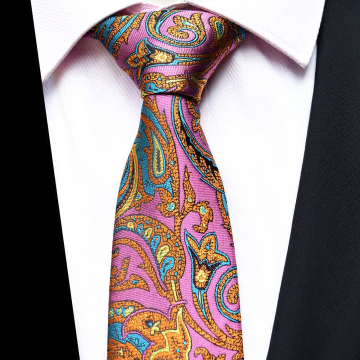 Cravatta da uomo con motivo Paisley vivace, rosa e oro