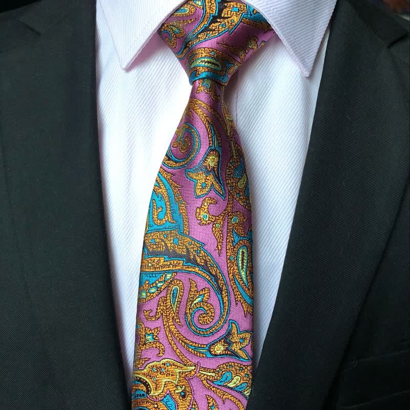 Cravatta da uomo con motivo Paisley vivace, rosa e oro