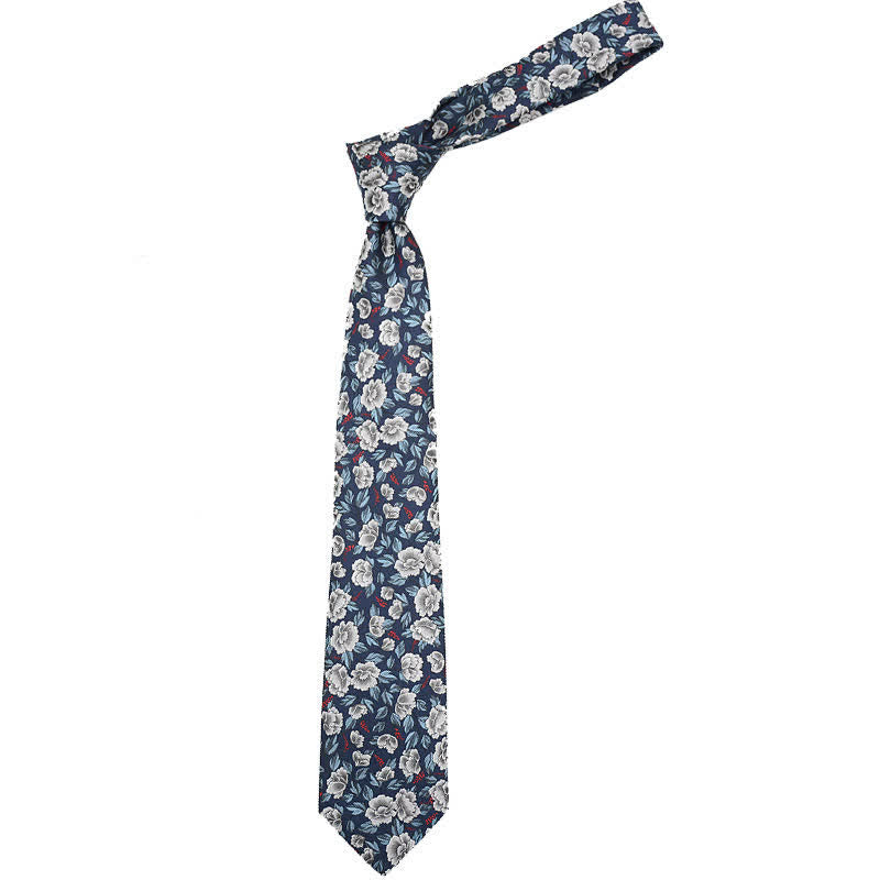 Cravatta casual da uomo con motivo floreale grigio e blu navy - image 2
