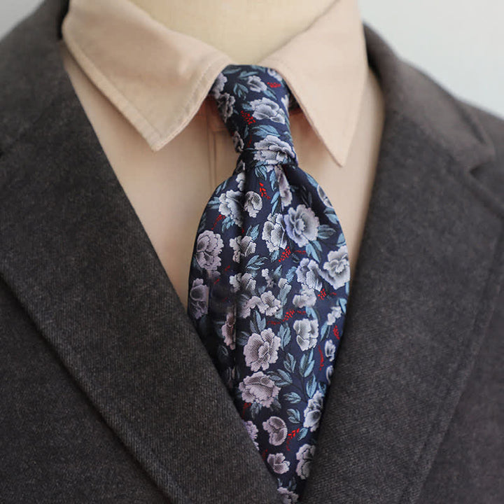 Cravatta casual da uomo con motivo floreale grigio e blu navy - Grigio e blu navy - image 0
