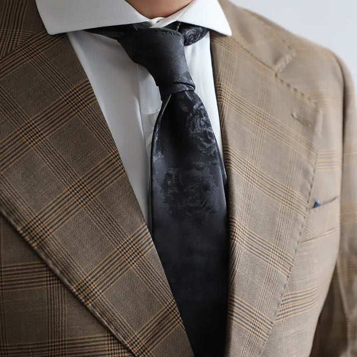 Cravatta classica da uomo con fazzoletto da taschino e motivo a peonia nera - Cravatta - image 0