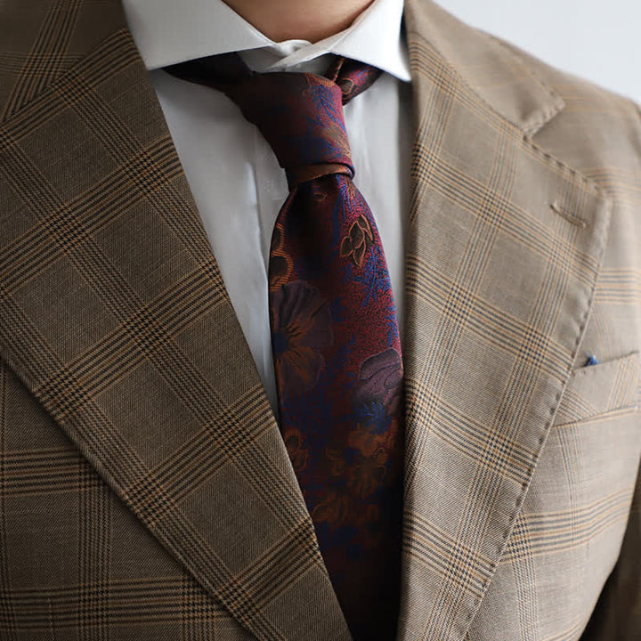 Cravatta da uomo con foglie di fiori bordeaux e blu navy