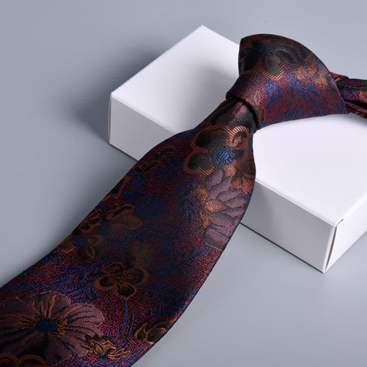 Cravatta da uomo con foglie di fiori bordeaux e blu navy