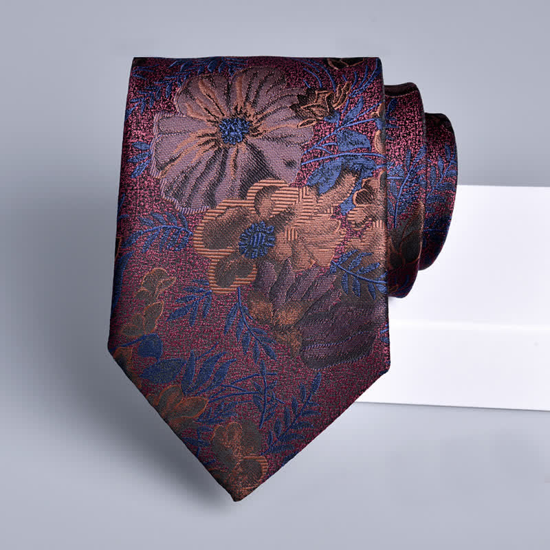 Cravatta da uomo con foglie di fiori bordeaux e blu navy