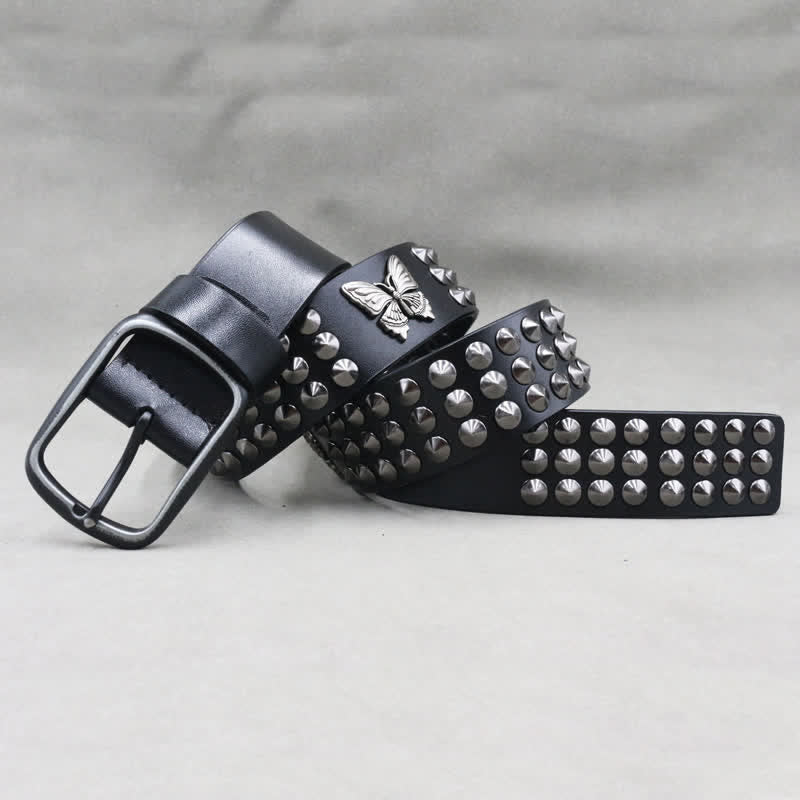 Cintura in pelle con borchie a tre file e rivetti a farfalla Goth