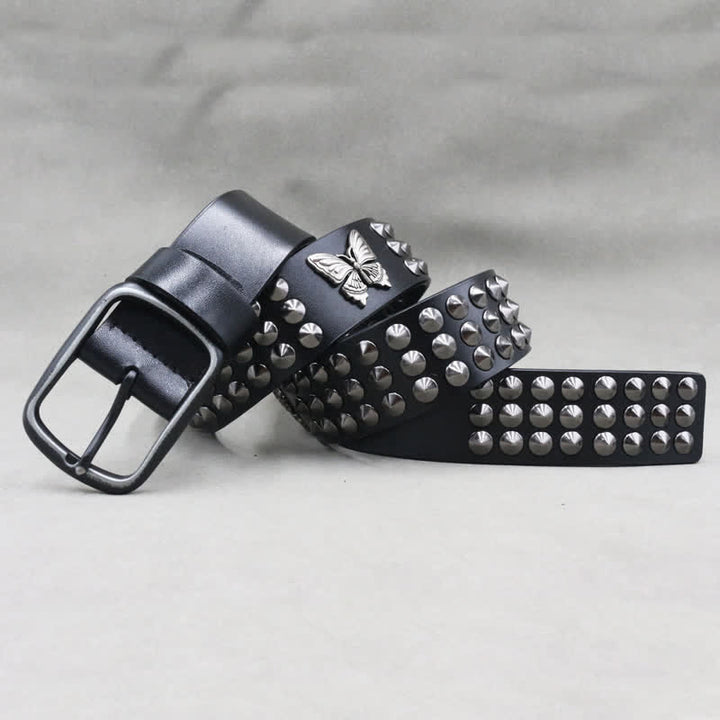 Cintura in pelle con borchie a tre file e rivetti a farfalla Goth