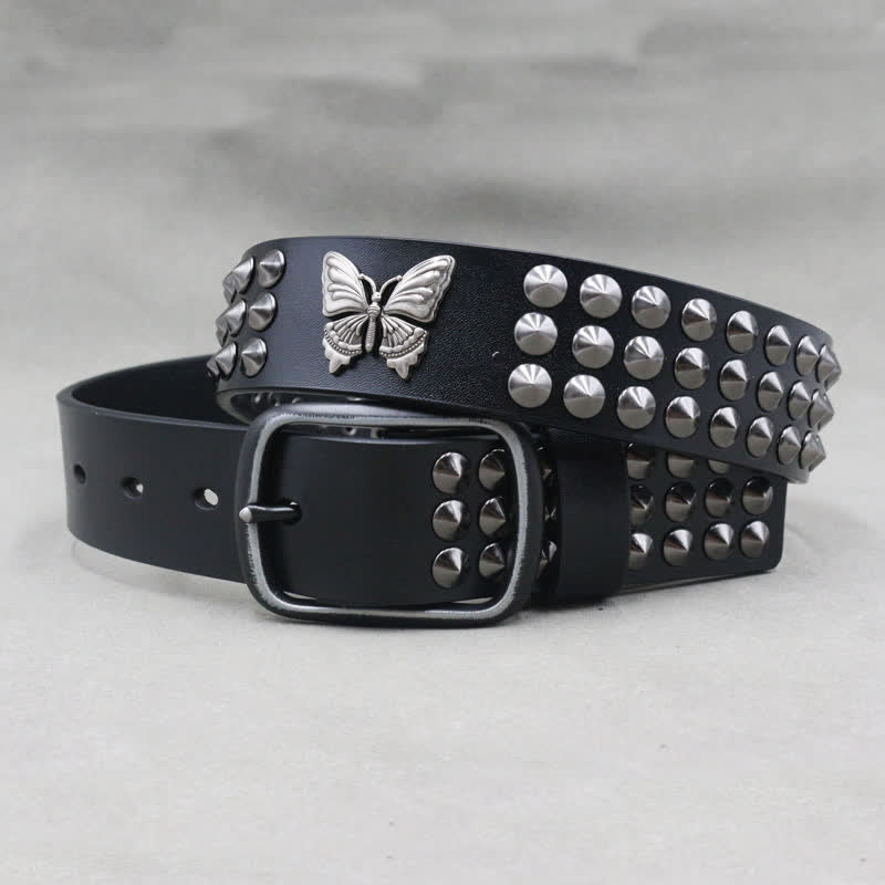 Cintura in pelle con borchie a tre file e rivetti a farfalla Goth