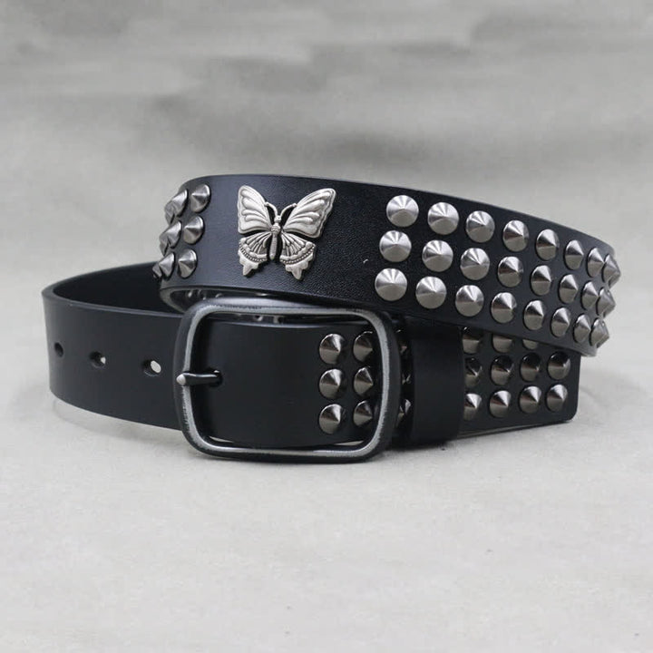 Cintura in pelle con borchie a tre file e rivetti a farfalla Goth