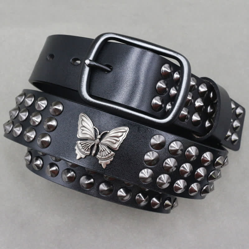 Cintura in pelle con borchie a tre file e rivetti a farfalla Goth