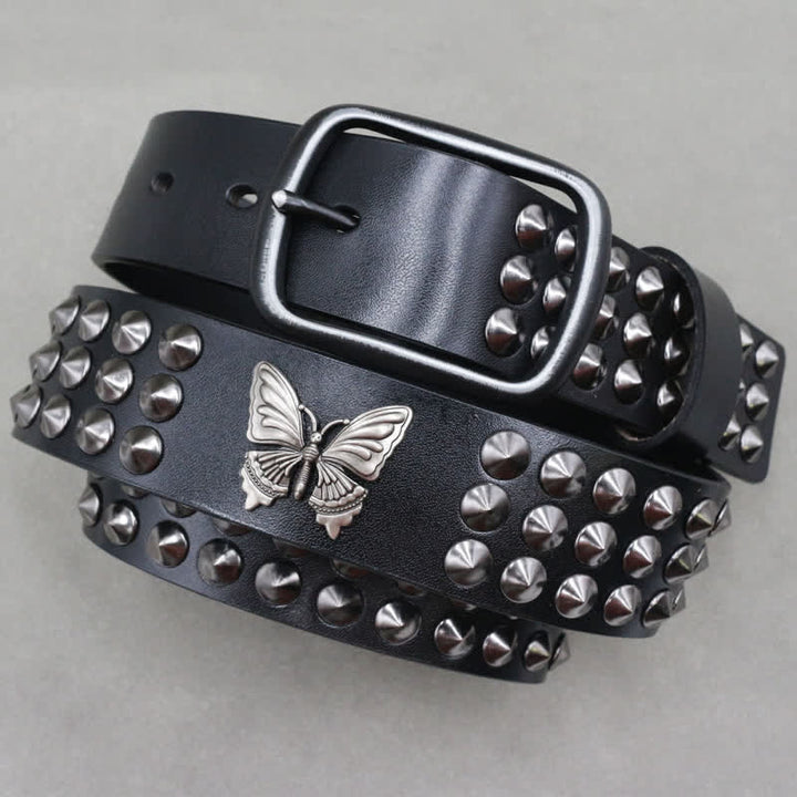 Cintura in pelle con borchie a tre file e rivetti a farfalla Goth