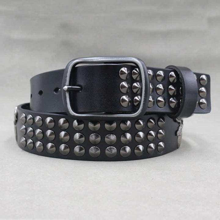 Cintura in pelle con borchie a tre file Lucky Deer Rivets