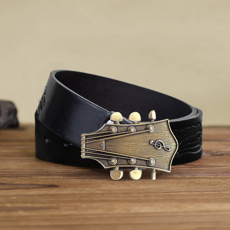 Cintura in pelle con fibbia musicale per chitarra in bronzo fai da te da uomo - Chitarra - Cintura aquila in rilievo nera (40) - image 4