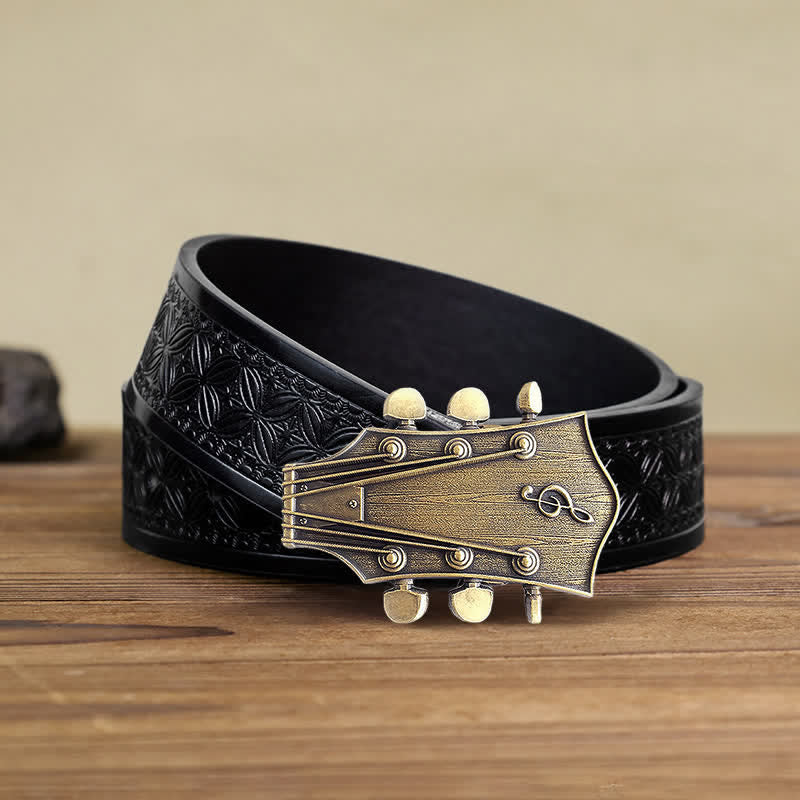 Cintura in pelle con fibbia musicale per chitarra in bronzo fai da te da uomo - Chitarra - Cintura in tessuto goffrato nero (40) - image 5