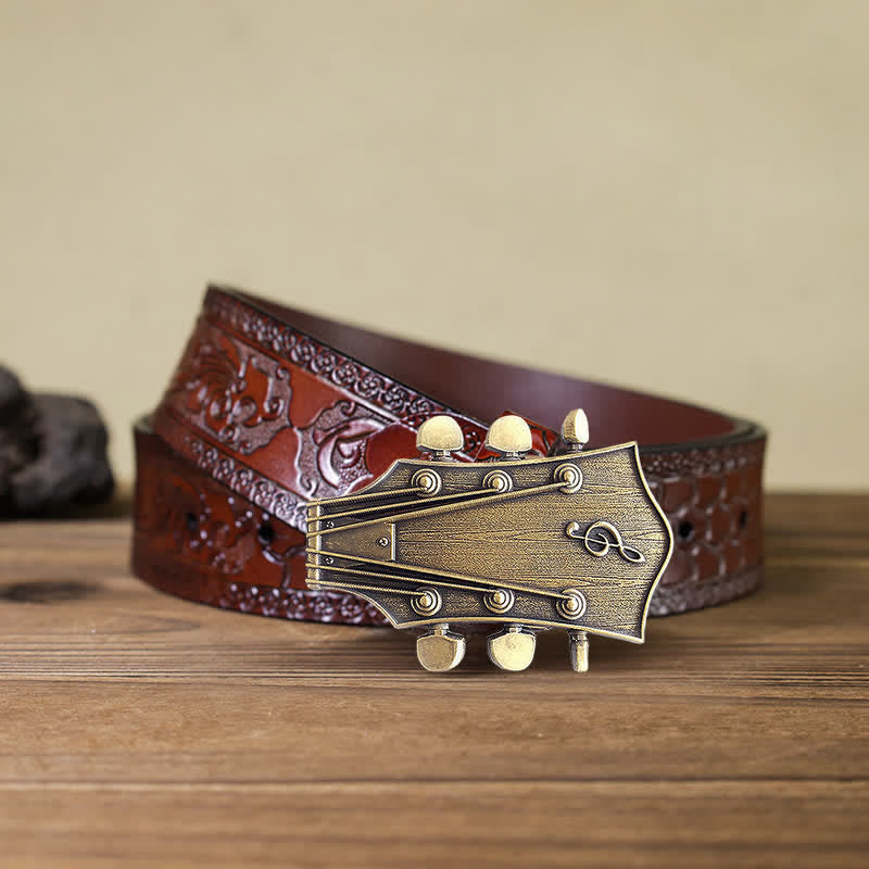 Cintura in pelle con fibbia musicale per chitarra in bronzo fai da te da uomo - Chitarra - Cintura marrone intagliata (40) - image 7