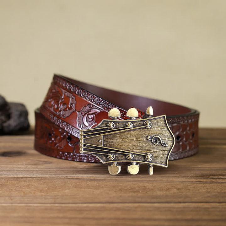 Cintura in pelle con fibbia musicale per chitarra in bronzo fai da te da uomo - Chitarra - Cintura marrone intagliata (40) - image 7