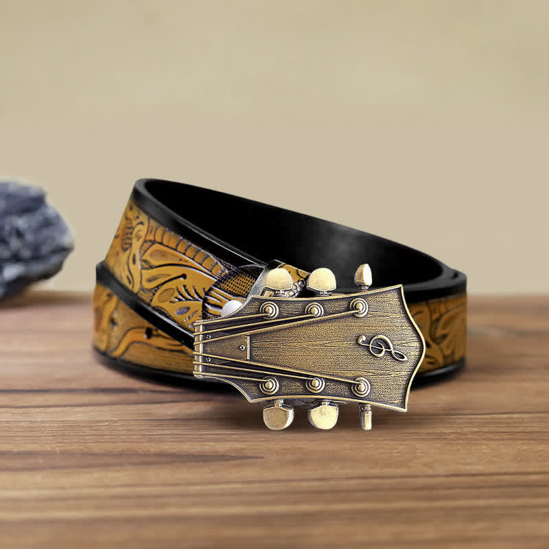 Cintura in pelle con fibbia musicale per chitarra in bronzo fai da te da uomo