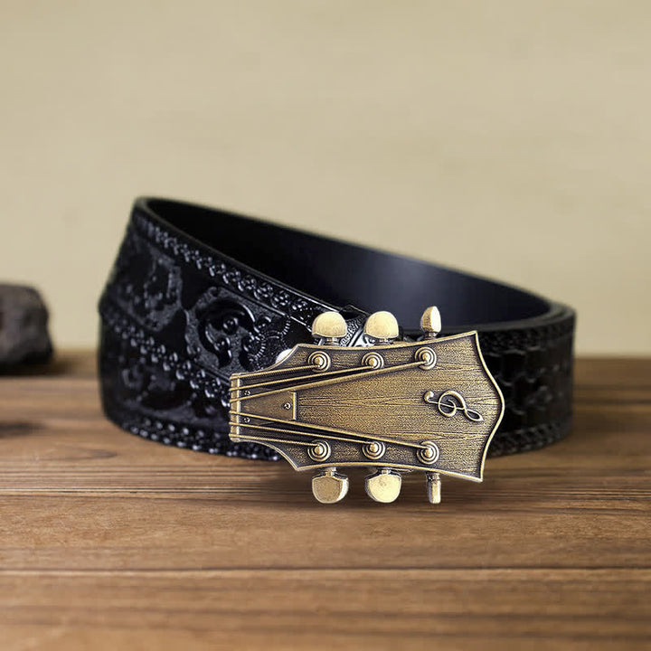 Cintura in pelle con fibbia musicale per chitarra in bronzo fai da te da uomo - Chitarra - Cintura nera intagliata (40) - image 6