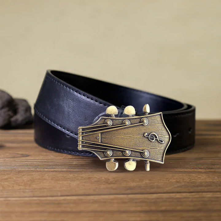 Cintura in pelle con fibbia musicale per chitarra in bronzo fai da te da uomo - Chitarra - Cintura PU nera (40) - image 3
