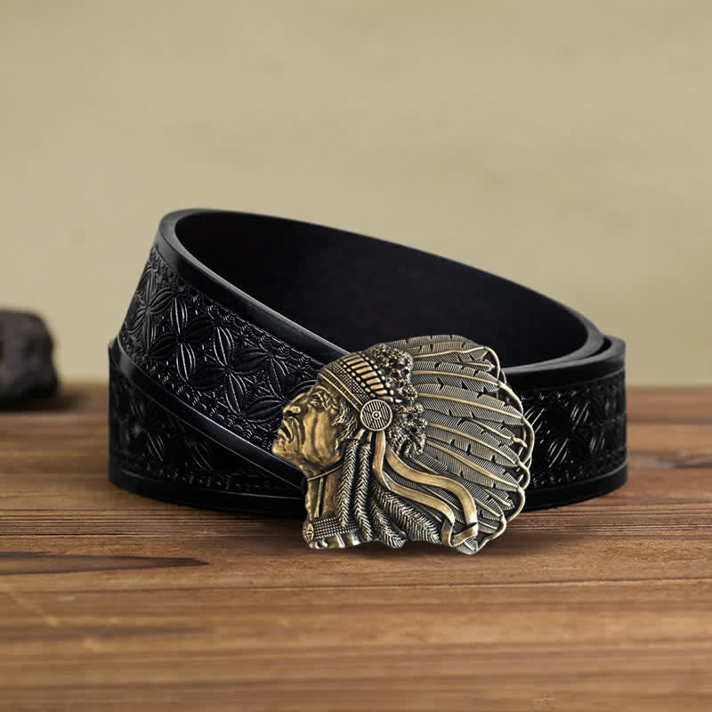Cintura in pelle con fibbia a forma di testa di capo nativo fai da te da uomo - Bronzo antico - Cintura in tessuto goffrato nero (40) - image 16