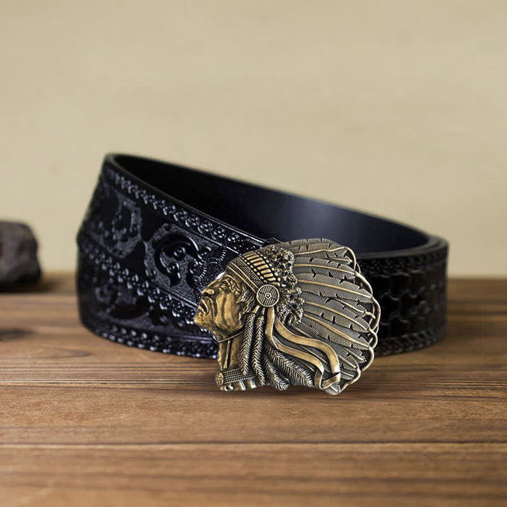 Cintura in pelle con fibbia a forma di testa di capo nativo fai da te da uomo - Bronzo antico - Cintura nera intagliata (40) - image 17