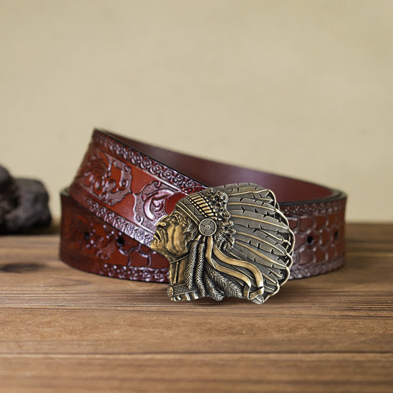 Cintura in pelle con fibbia a forma di testa di capo nativo fai da te da uomo - Bronzo antico - Cintura marrone intagliata (40) - image 18