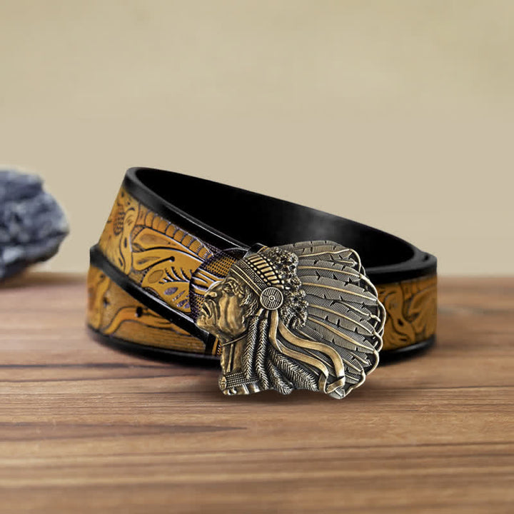 Cintura in pelle con fibbia a forma di testa di capo nativo fai da te da uomo - Bronzo antico - Cintura marrone sabbia (40) - image 19