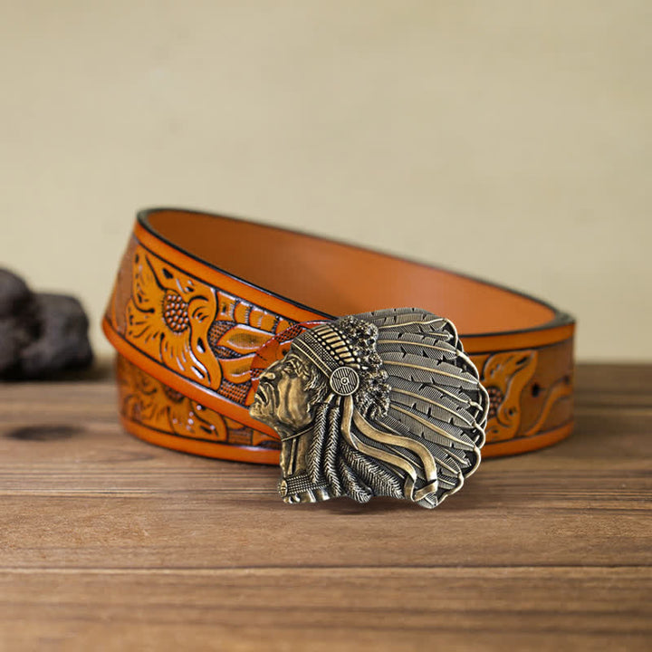 Cintura in pelle con fibbia a forma di testa di capo nativo fai da te da uomo - Bronzo antico - Cintura intagliata arancione (40) - image 20