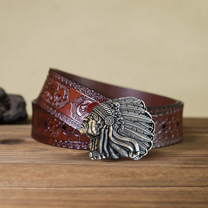 Cintura in pelle con fibbia a forma di testa di capo nativo fai da te da uomo - Argento antico - Cintura marrone intagliata (40) - image 8