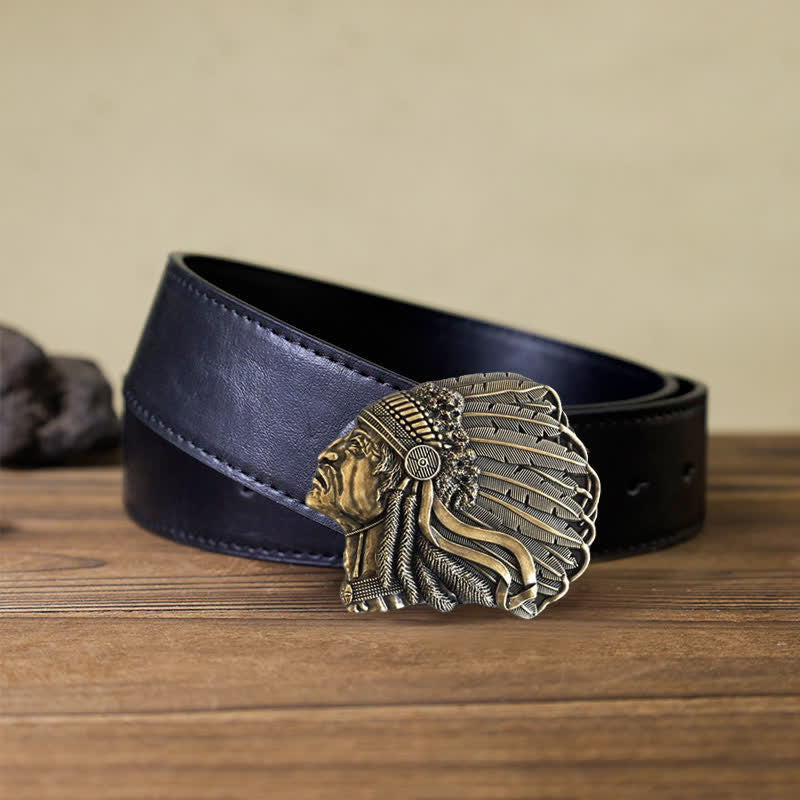 Cintura in pelle con fibbia a forma di testa di capo nativo fai da te da uomo - Bronzo antico - Cintura PU nera (40) - image 14