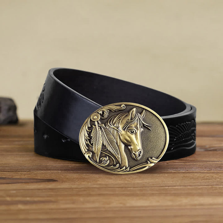 Cintura in pelle con fibbia in bronzo a forma di cavallo fai da te da uomo - Cavallo - Cintura aquila in rilievo nera (40) - image 5