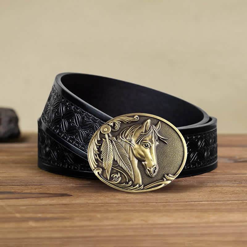 Cintura in pelle con fibbia in bronzo a forma di cavallo fai da te da uomo - Cavallo - Cintura in tessuto goffrato nero (40) - image 6