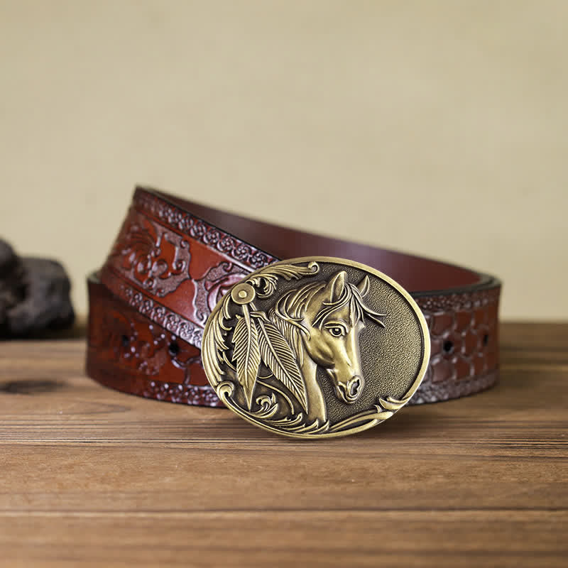 Cintura in pelle con fibbia in bronzo a forma di cavallo fai da te da uomo - Cavallo - Cintura marrone intagliata (40) - image 8
