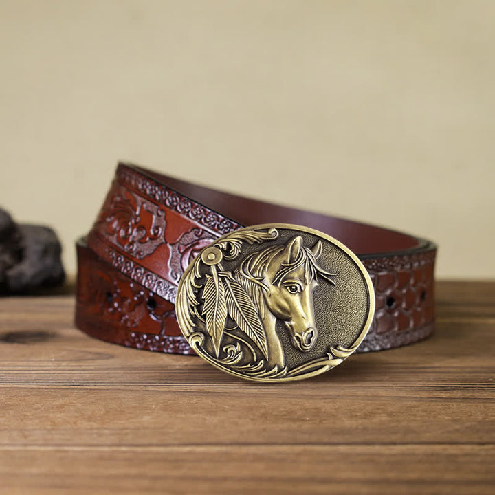 Cintura in pelle con fibbia in bronzo a forma di cavallo fai da te da uomo - Cavallo - Cintura marrone intagliata (40) - image 8