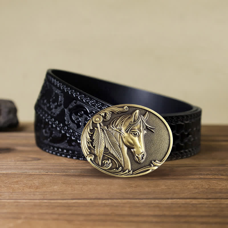Cintura in pelle con fibbia in bronzo a forma di cavallo fai da te da uomo - Cavallo - Cintura nera intagliata (40) - image 7