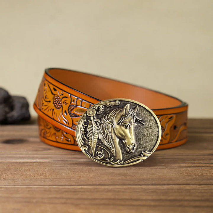 Cintura in pelle con fibbia in bronzo a forma di cavallo fai da te da uomo - Cavallo - Cintura intagliata arancione (40) - image 10