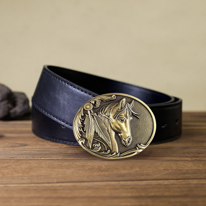 Cintura in pelle con fibbia in bronzo a forma di cavallo fai da te da uomo - Cavallo - Cintura PU nera (40) - image 4