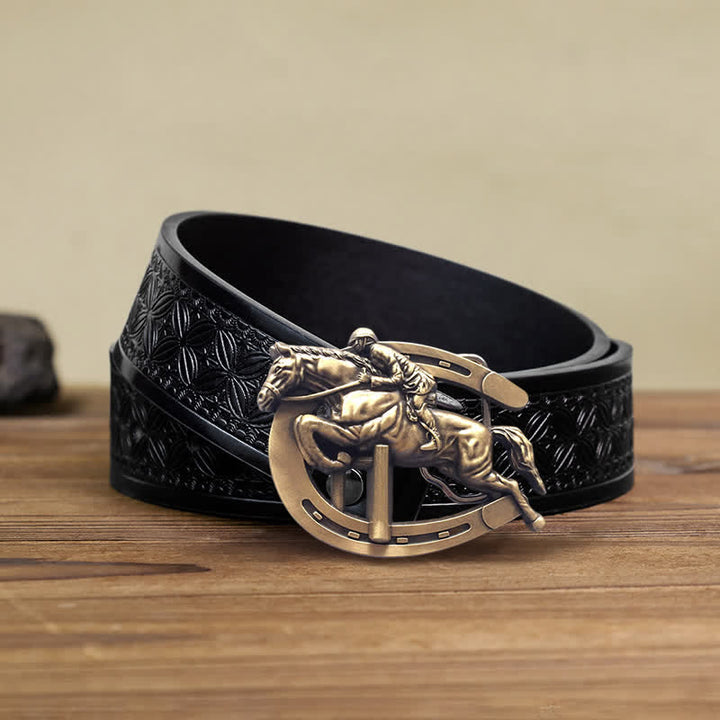 Cintura in pelle con fibbia per spettacoli equestri fai da te da uomo - Equitazione - Cintura in tessuto goffrato nero (40) - image 6