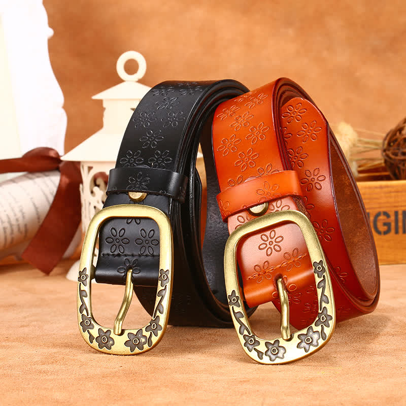Cintura in pelle con motivo a fiori di prugna da donna