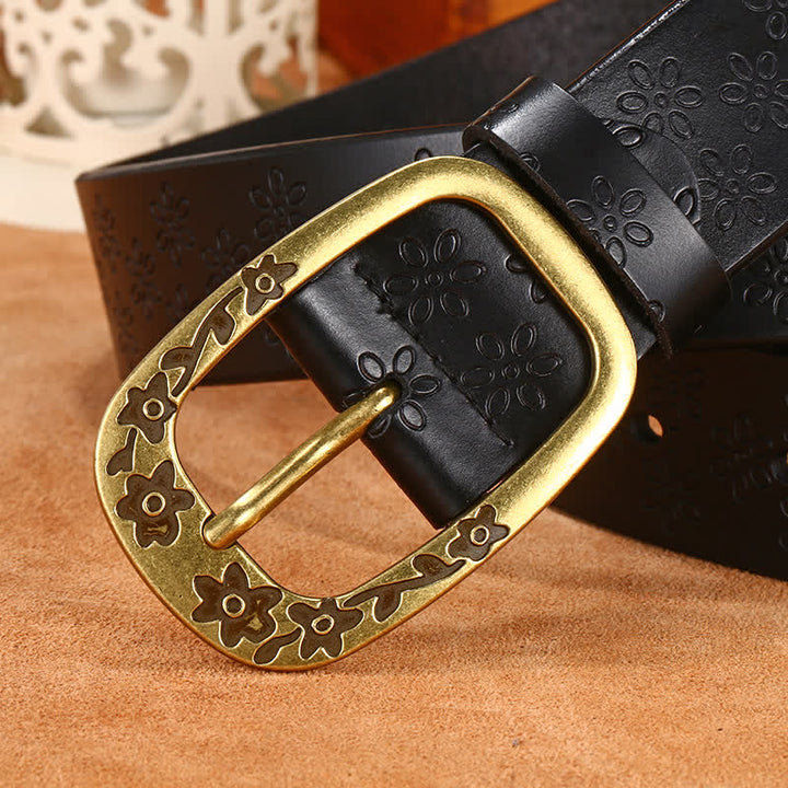 Cintura in pelle con motivo a fiori di prugna da donna