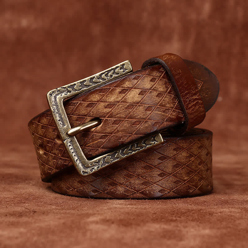 Cintura in pelle con diamante in rilievo vintage progettata - Marrone-giallastro - 50" - image 0