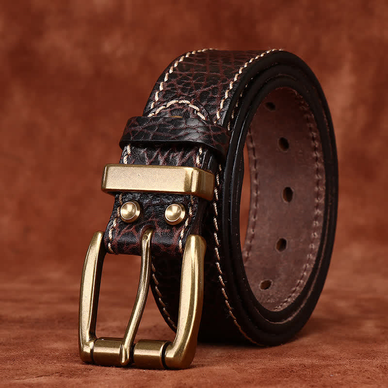 Cintura in pelle robusta con stampa retrò in pelle di bisonte