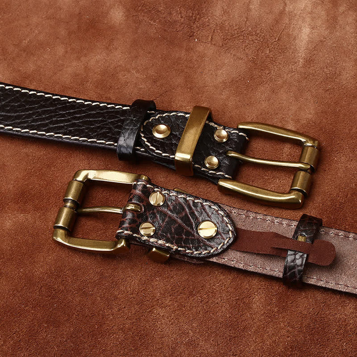 Cintura in pelle robusta con stampa retrò in pelle di bisonte