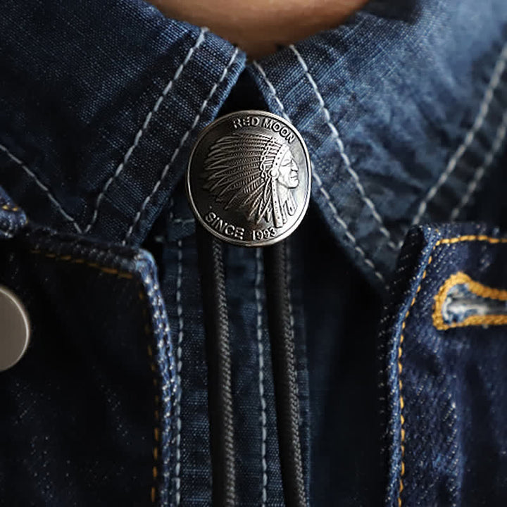 Cravatta Bolo con moneta a forma di testa di capo tribù indiano nativo