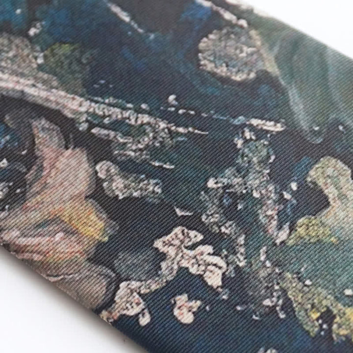 Cravatta da uomo con foglia di loto dipinta a olio blu e verde