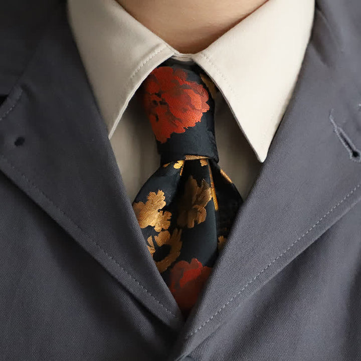 Cravatta da uomo con motivo floreale cadente nero e rosso