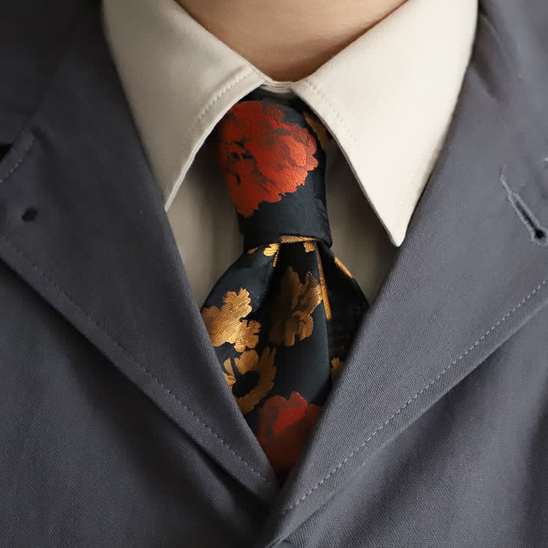 Cravatta da uomo con motivo floreale cadente nero e rosso - Nero e rosso - image 0