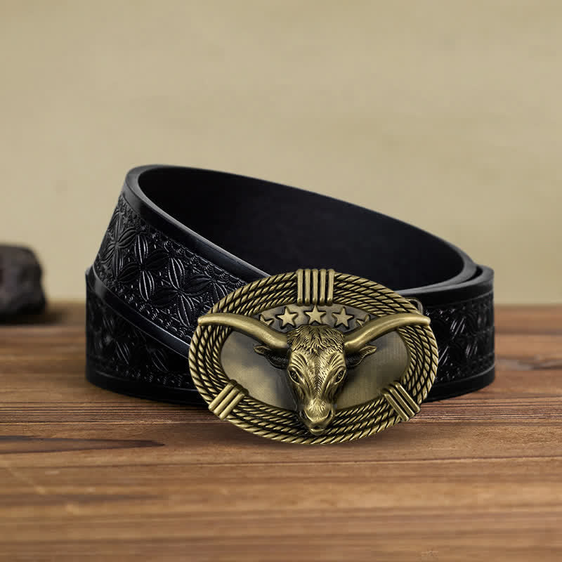 Cintura in pelle fai da te da uomo con fibbia a testa di toro a cinque stelle retrò